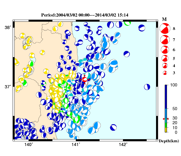 過去に起きた地震の初動発震機構解