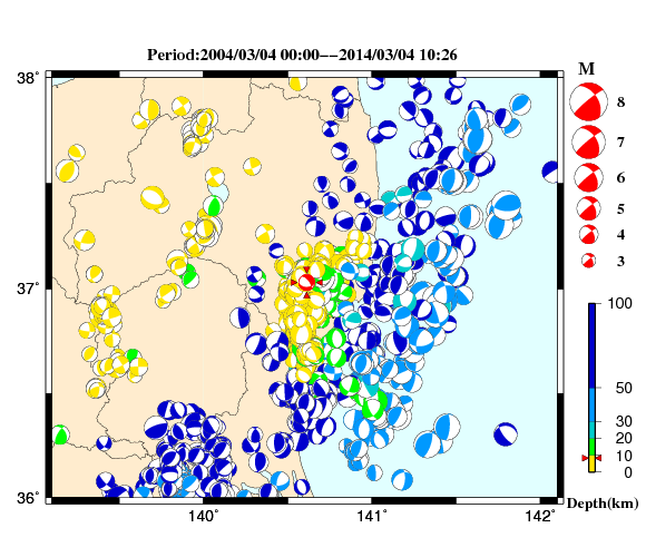 過去に起きた地震の初動発震機構解