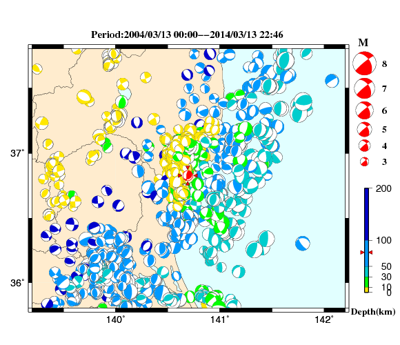 過去に起きた地震の初動発震機構解