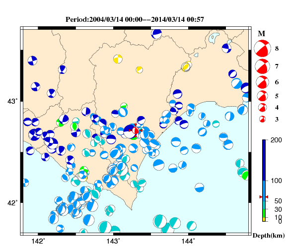 過去に起きた地震の初動発震機構解