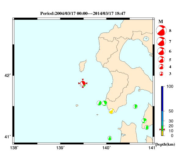 過去に起きた地震の初動発震機構解