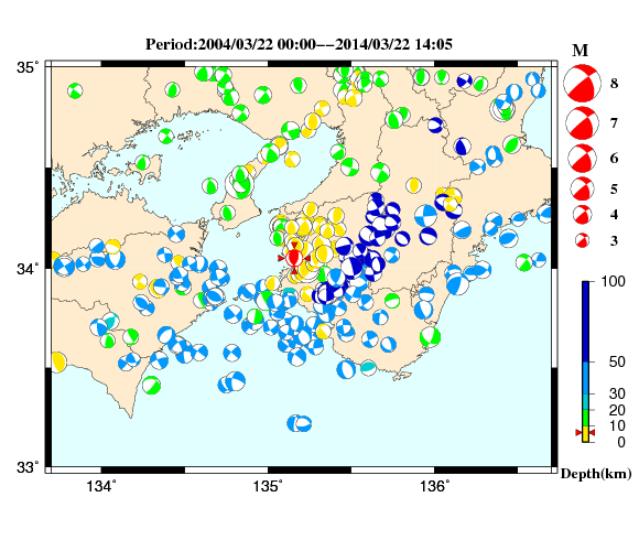 過去に起きた地震の初動発震機構解