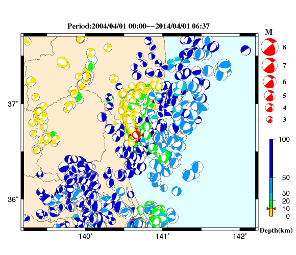 過去に起きた地震の初動発震機構解