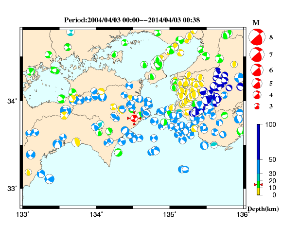 過去に起きた地震の初動発震機構解