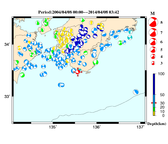 過去に起きた地震の初動発震機構解