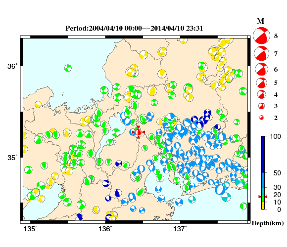 過去に起きた地震の初動発震機構解
