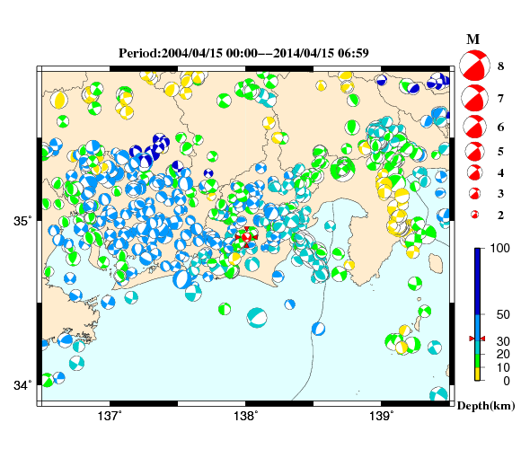 過去に起きた地震の初動発震機構解