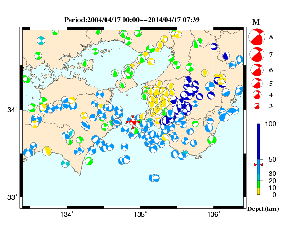 過去に起きた地震の初動発震機構解