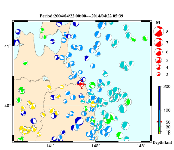 過去に起きた地震の初動発震機構解