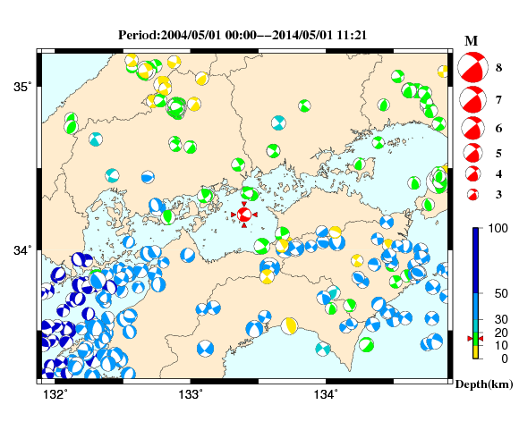 過去に起きた地震の初動発震機構解