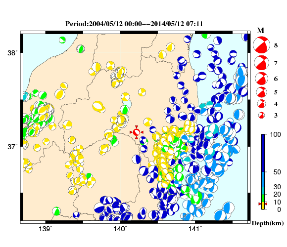 過去に起きた地震の初動発震機構解