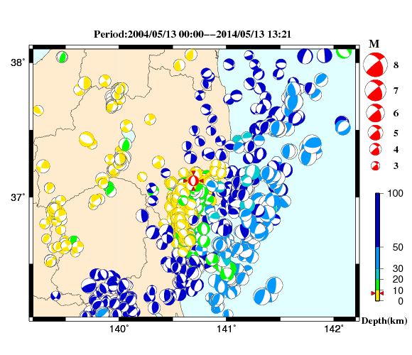過去に起きた地震の初動発震機構解