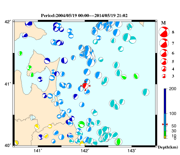 過去に起きた地震の初動発震機構解