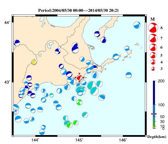 過去に起きた地震の初動発震機構解