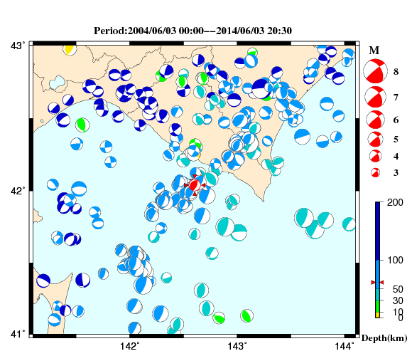過去に起きた地震の初動発震機構解