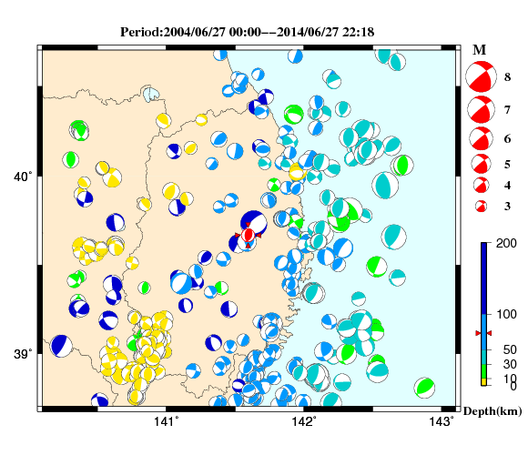 過去に起きた地震の初動発震機構解