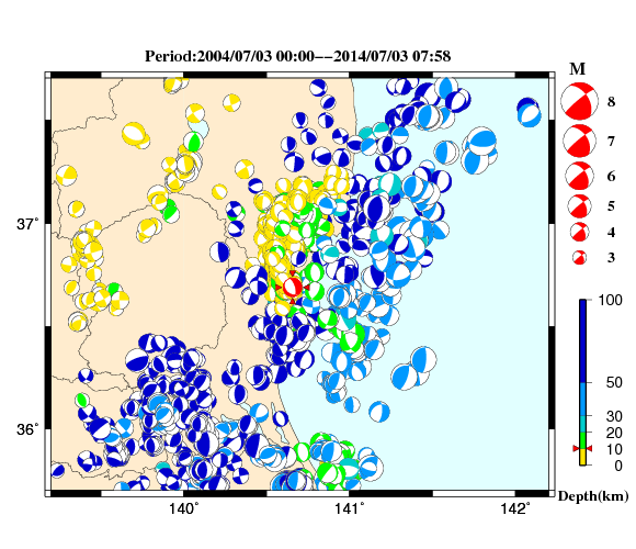 過去に起きた地震の初動発震機構解