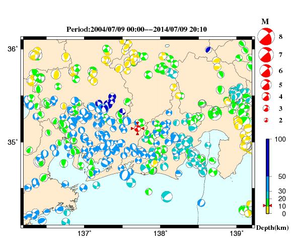過去に起きた地震の初動発震機構解