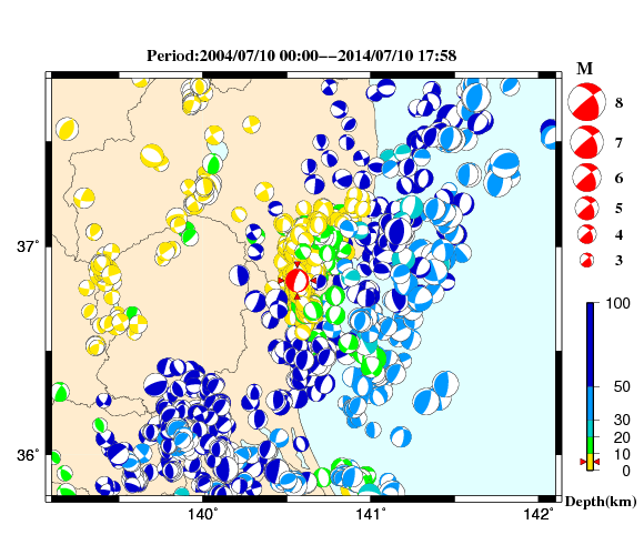 過去に起きた地震の初動発震機構解