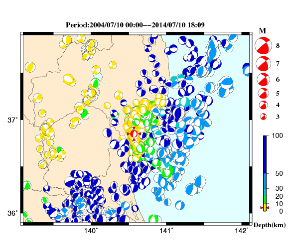 過去に起きた地震の初動発震機構解