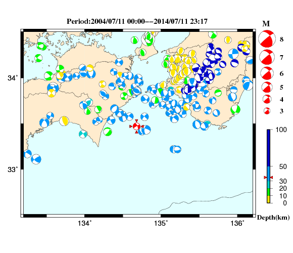 過去に起きた地震の初動発震機構解