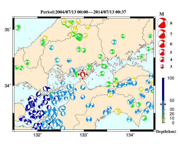 過去に起きた地震の初動発震機構解