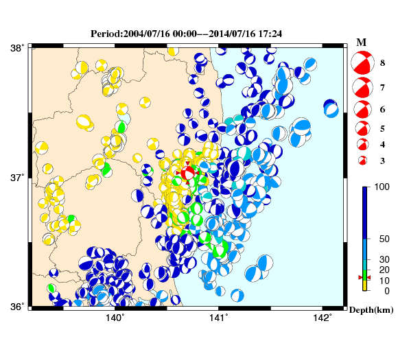 過去に起きた地震の初動発震機構解