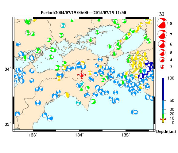 過去に起きた地震の初動発震機構解