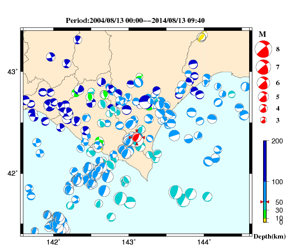 過去に起きた地震の初動発震機構解