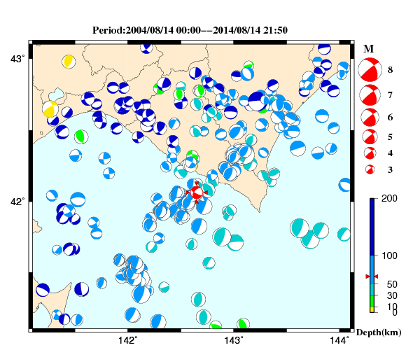 過去に起きた地震の初動発震機構解