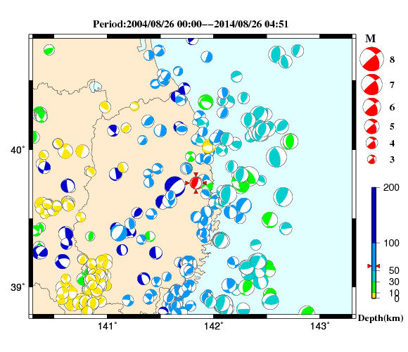 過去に起きた地震の初動発震機構解