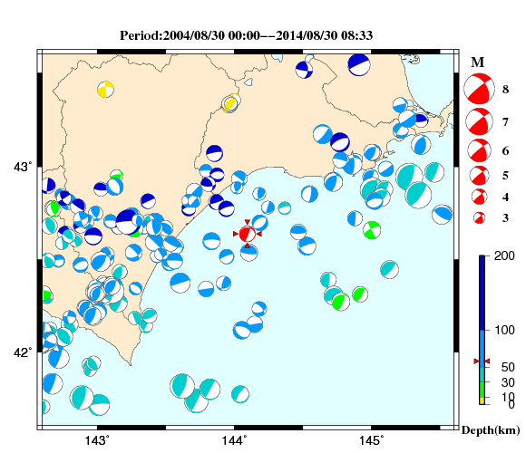過去に起きた地震の初動発震機構解