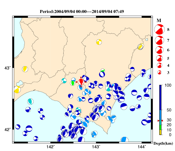 過去に起きた地震の初動発震機構解