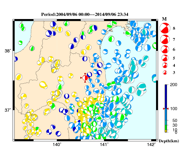 過去に起きた地震の初動発震機構解