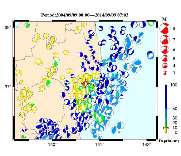 過去に起きた地震の初動発震機構解