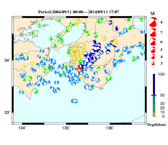 過去に起きた地震の初動発震機構解