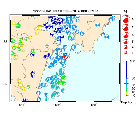 過去に起きた地震の初動発震機構解