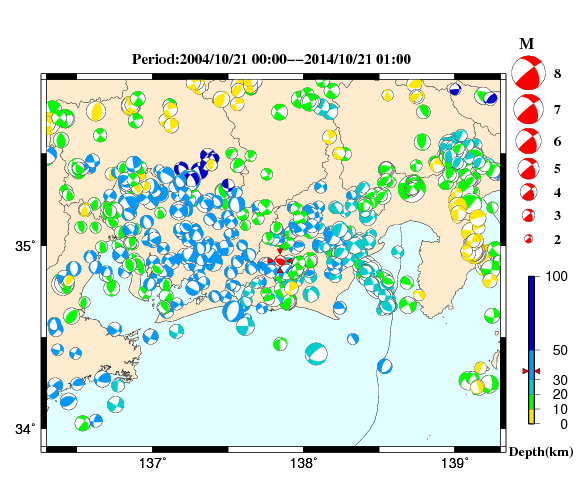 過去に起きた地震の初動発震機構解