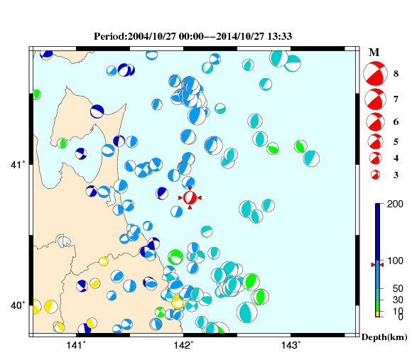 過去に起きた地震の初動発震機構解