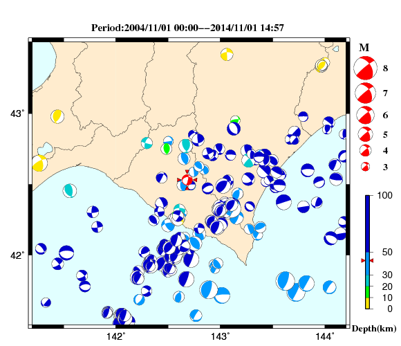 過去に起きた地震の初動発震機構解