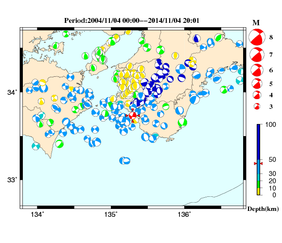 過去に起きた地震の初動発震機構解