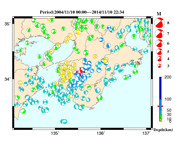 過去に起きた地震の初動発震機構解
