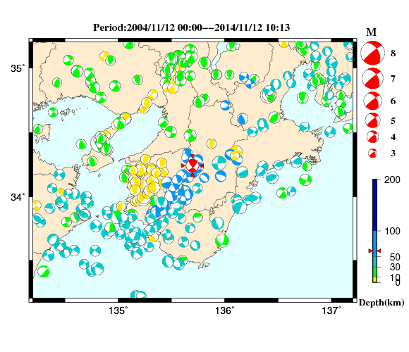 過去に起きた地震の初動発震機構解