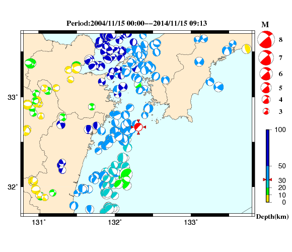 過去に起きた地震の初動発震機構解