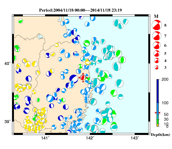 過去に起きた地震の初動発震機構解