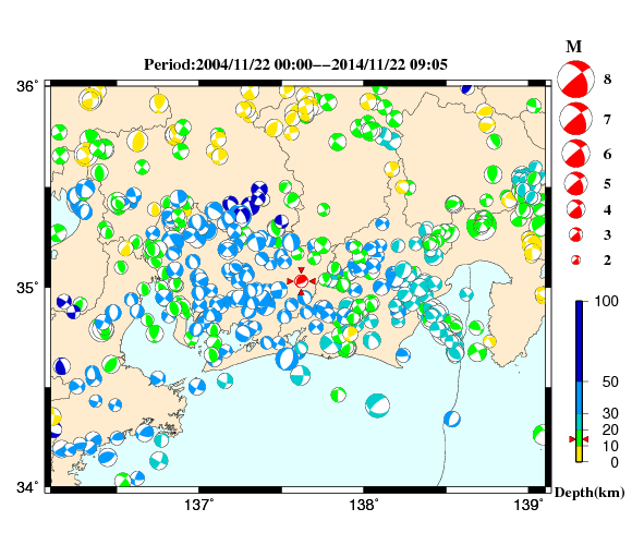 過去に起きた地震の初動発震機構解