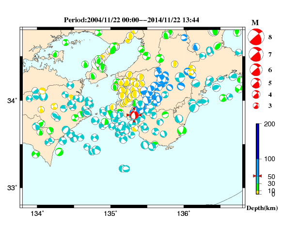 過去に起きた地震の初動発震機構解