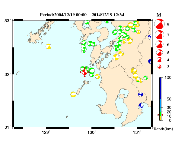 過去に起きた地震の初動発震機構解