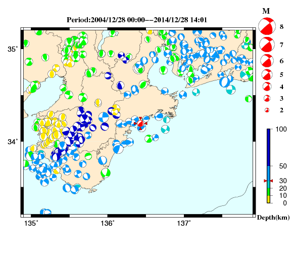 過去に起きた地震の初動発震機構解