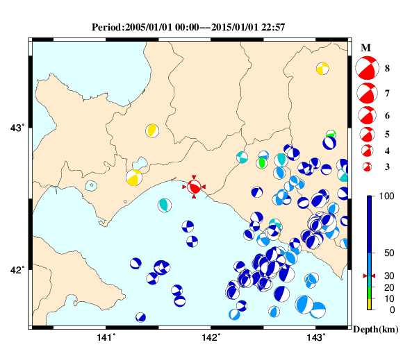 過去に起きた地震の初動発震機構解
